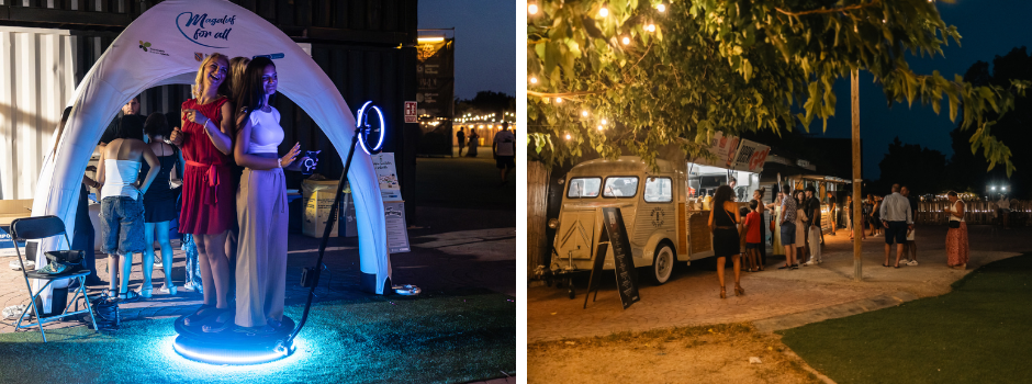 Guests using the 360 video booth sponsored by Calvià Council at Es Jardí Mallorca during Divas of Soul concert & festival visitors ordering food from vintage food trucks at Es Jardí Mallorca during Divas of Soul concert night. 