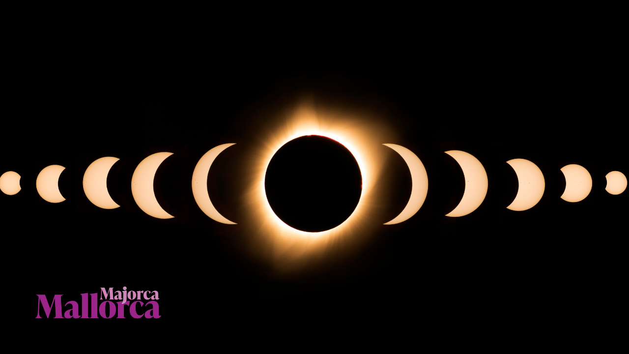 Stages of a total solar eclipse shown against a black background, from partial phases to full totality with the Sun’s glowing corona visible.