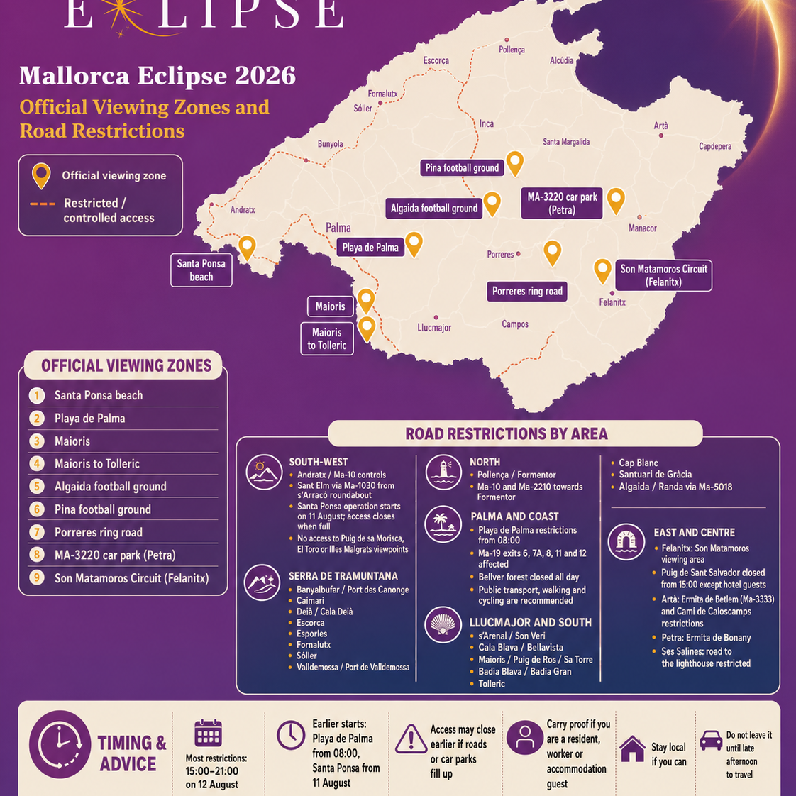 Map of Mallorca showing the nine official viewing zones and areas with restricted or controlled road access for the 12 August 2026 total solar eclipse.
