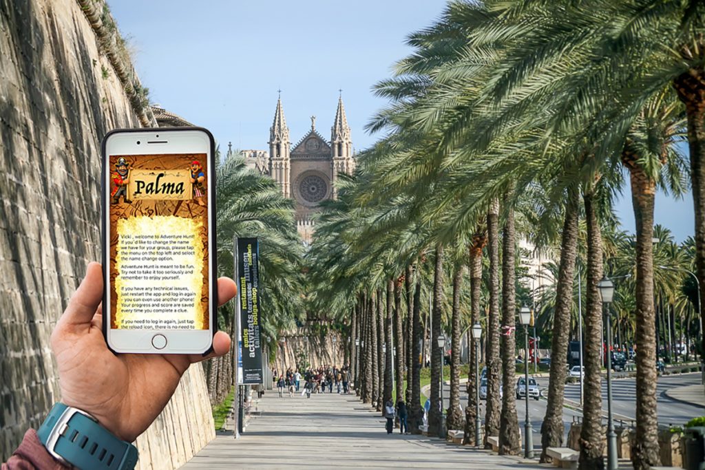 A player using the Adventure Hunt app to solve clues during the Palma outdoor escape room