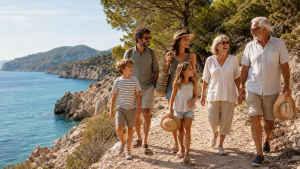 A multigenerational family enjoying a sunny coastal walk together in Mallorca