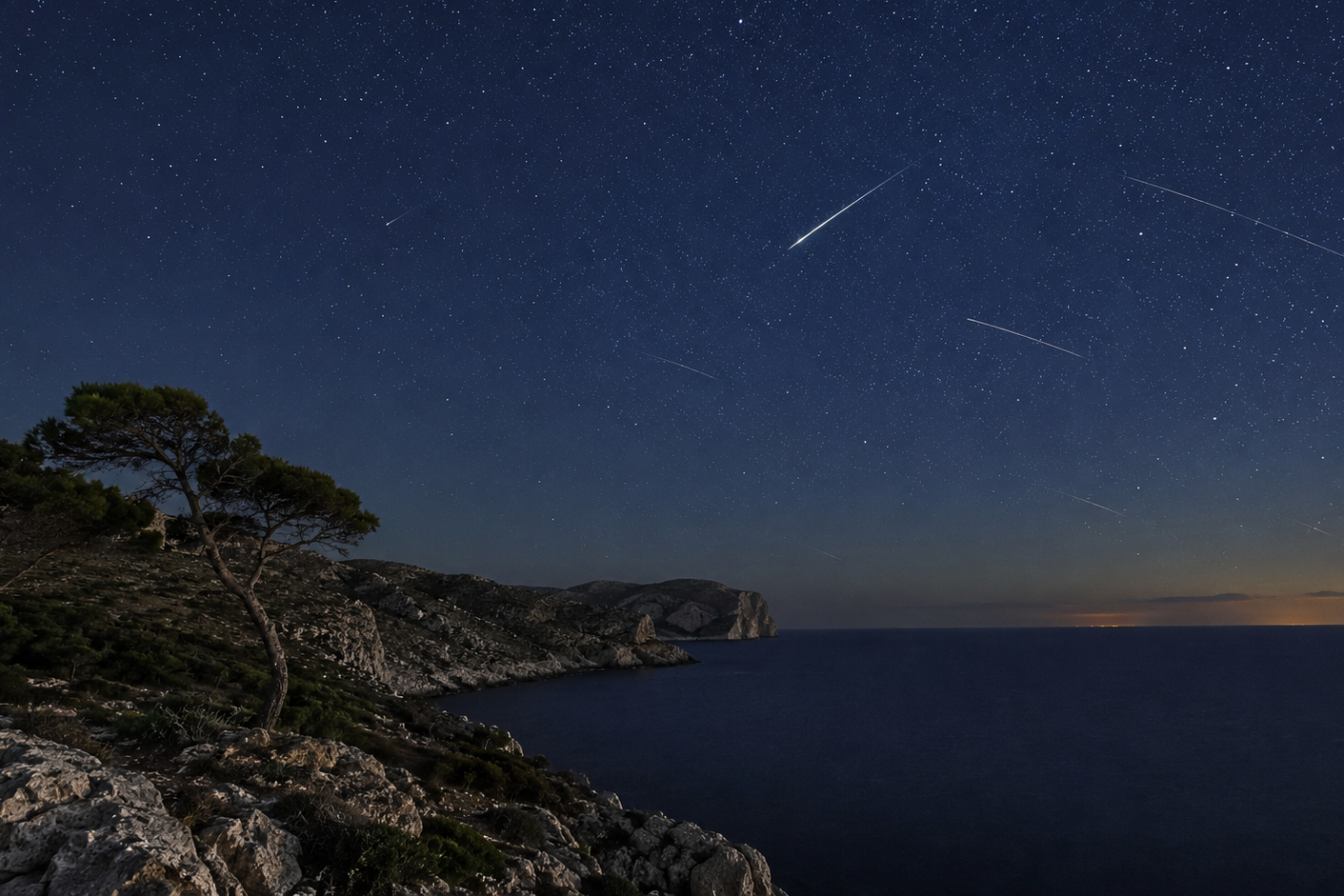 Perseid meteors streak across a star-filled night sky above Mallorca’s rugged coastline and the Mediterranean Sea.
