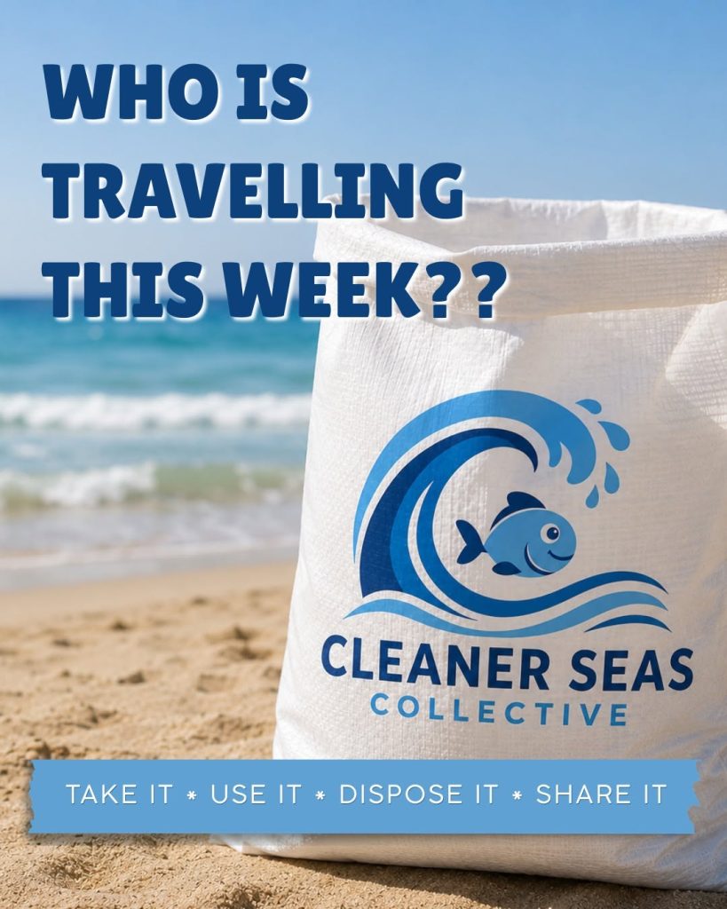 Cleaner Seas Collective beach clean-up bag inviting holidaymakers to collect and responsibly dispose of marine litter.